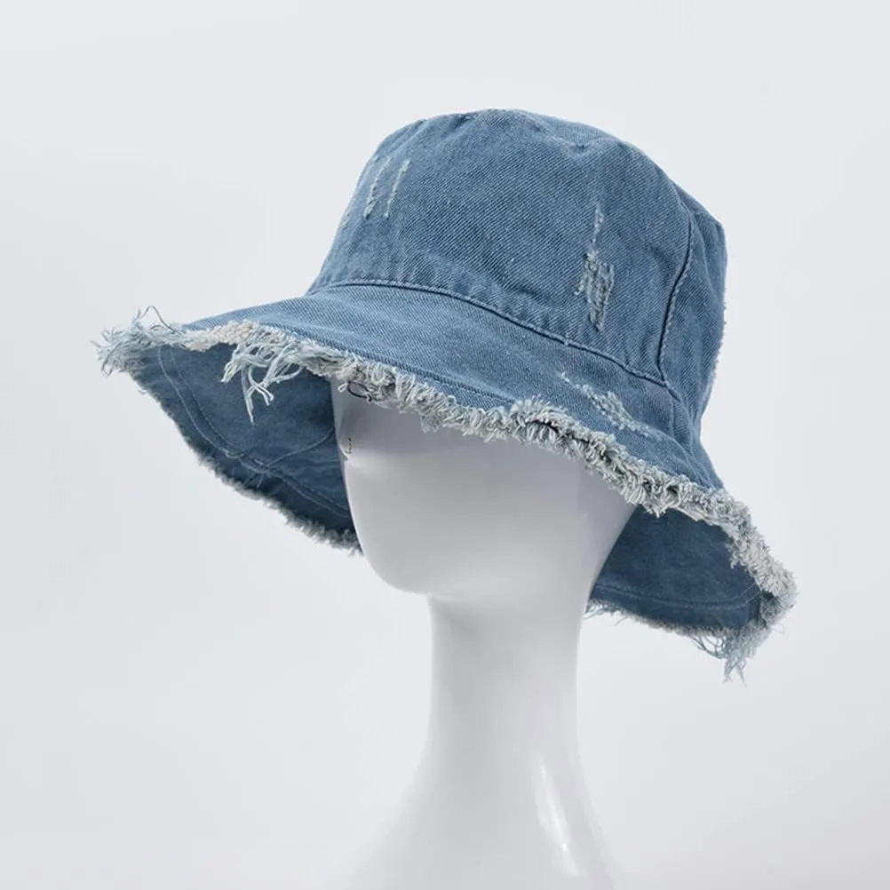 Frayed Denim Bucket Hats for Women Men Washed Cotton Wide Brim Summer Fisherman Cap Beach Sun Hats