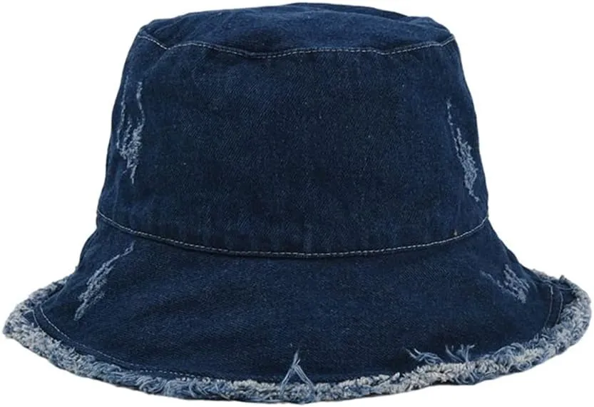 Frayed Denim Bucket Hats for Women Men Washed Cotton Wide Brim Summer Fisherman Cap Beach Sun Hats