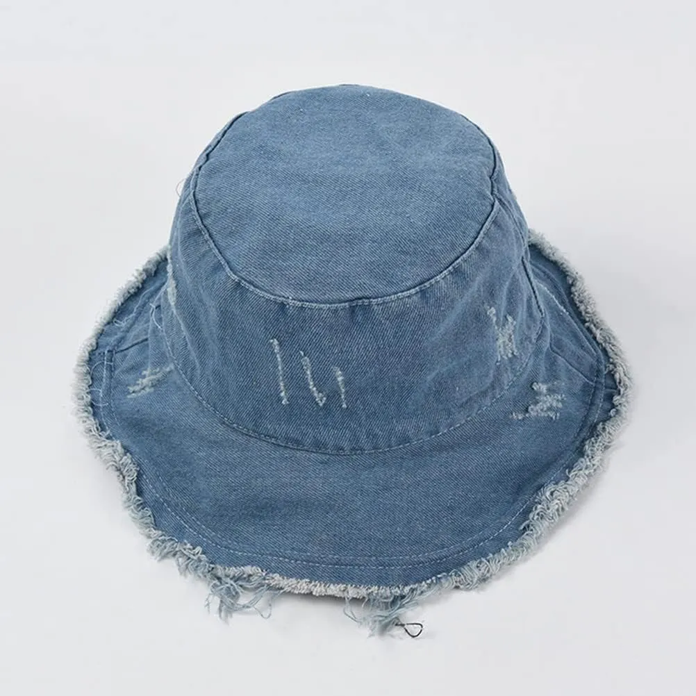 Frayed Denim Bucket Hats for Women Men Washed Cotton Wide Brim Summer Fisherman Cap Beach Sun Hats