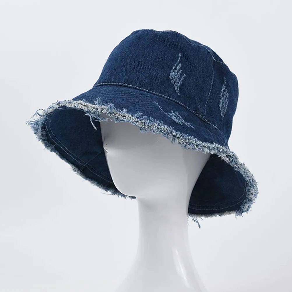 Frayed Denim Bucket Hats for Women Men Washed Cotton Wide Brim Summer Fisherman Cap Beach Sun Hats