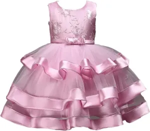 Girl Dress Embroidery Birthday Sleeveless Wedding Trail Puffy Tulle Layer Skirt Hem