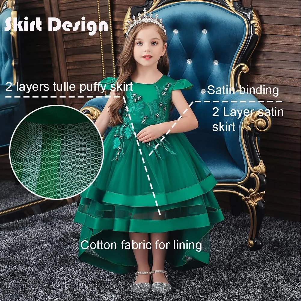 Girl Dress Embroidery Birthday Sleeveless Wedding Trail Puffy Tulle Layer Skirt Hem