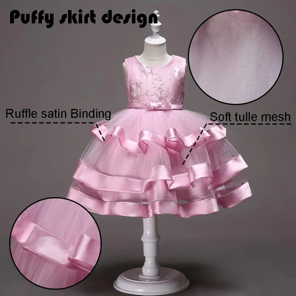 Girl Dress Embroidery Birthday Sleeveless Wedding Trail Puffy Tulle Layer Skirt Hem