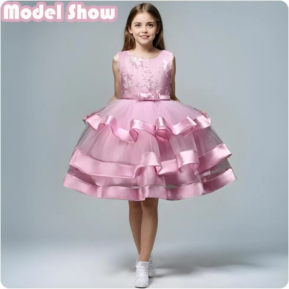 Girl Dress Embroidery Birthday Sleeveless Wedding Trail Puffy Tulle Layer Skirt Hem