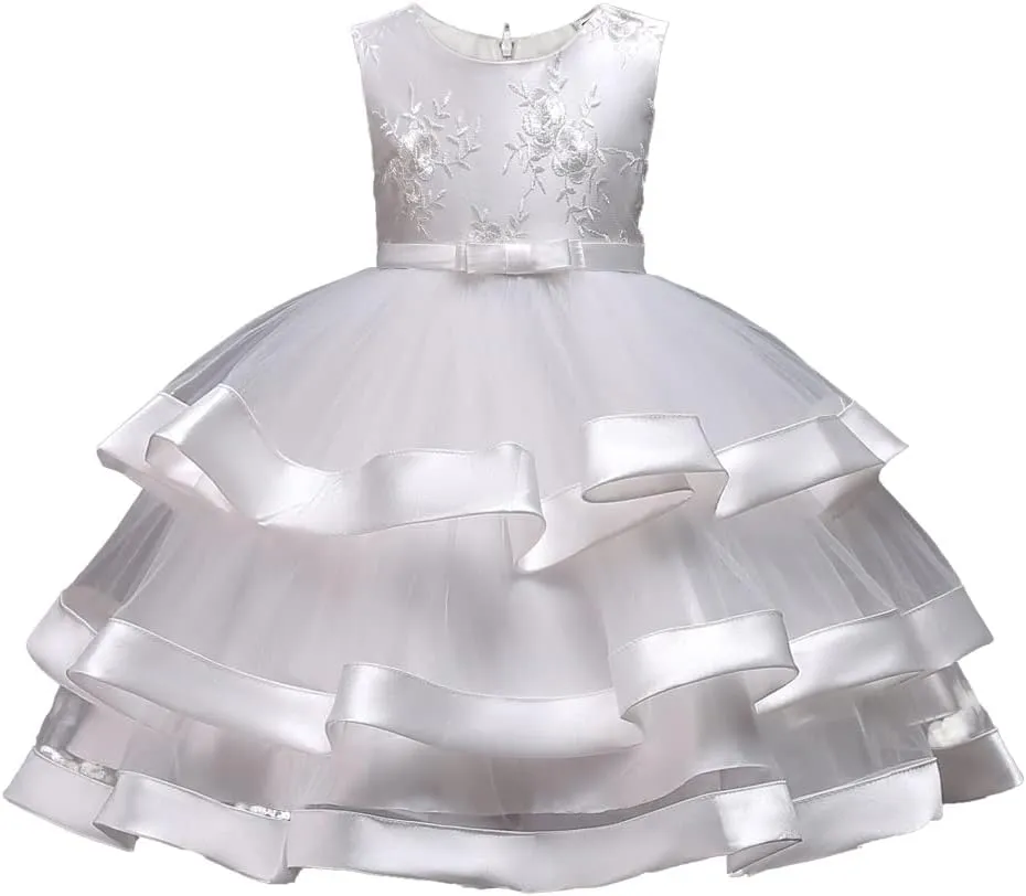 Girl Dress Embroidery Birthday Sleeveless Wedding Trail Puffy Tulle Layer Skirt Hem
