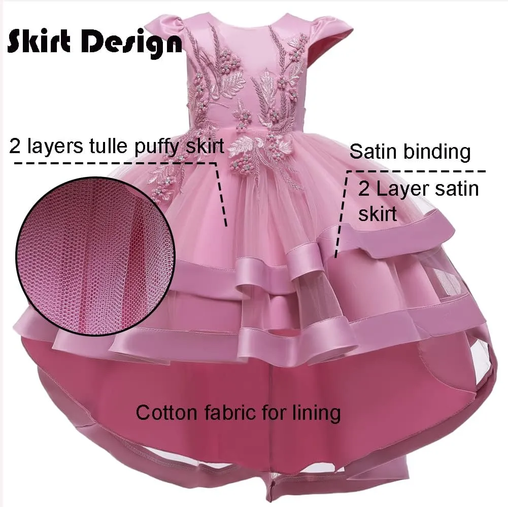 Girl Dress Embroidery Birthday Sleeveless Wedding Trail Puffy Tulle Layer Skirt Hem