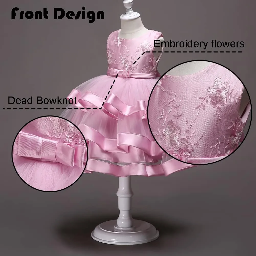 Girl Dress Embroidery Birthday Sleeveless Wedding Trail Puffy Tulle Layer Skirt Hem