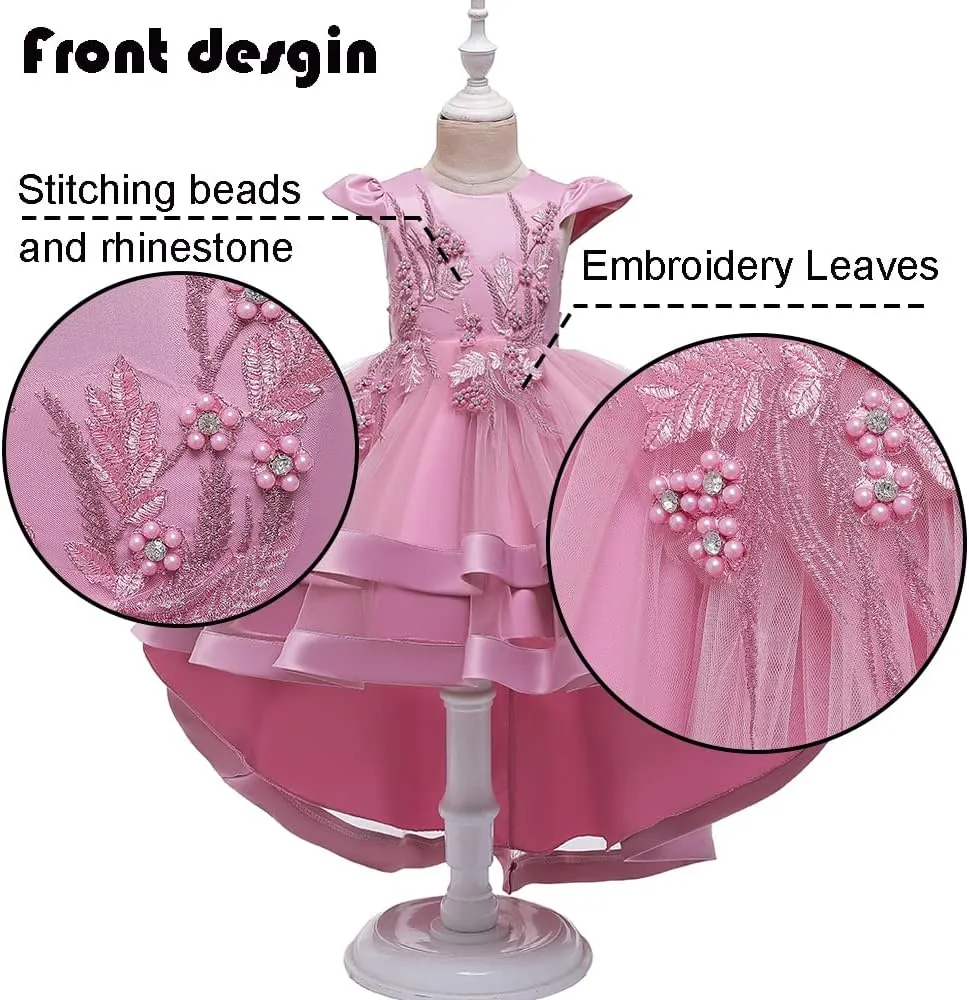 Girl Dress Embroidery Birthday Sleeveless Wedding Trail Puffy Tulle Layer Skirt Hem