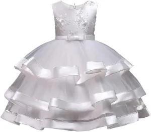 Girl Dress Embroidery Birthday Sleeveless Wedding Trail Puffy Tulle Layer Skirt Hem