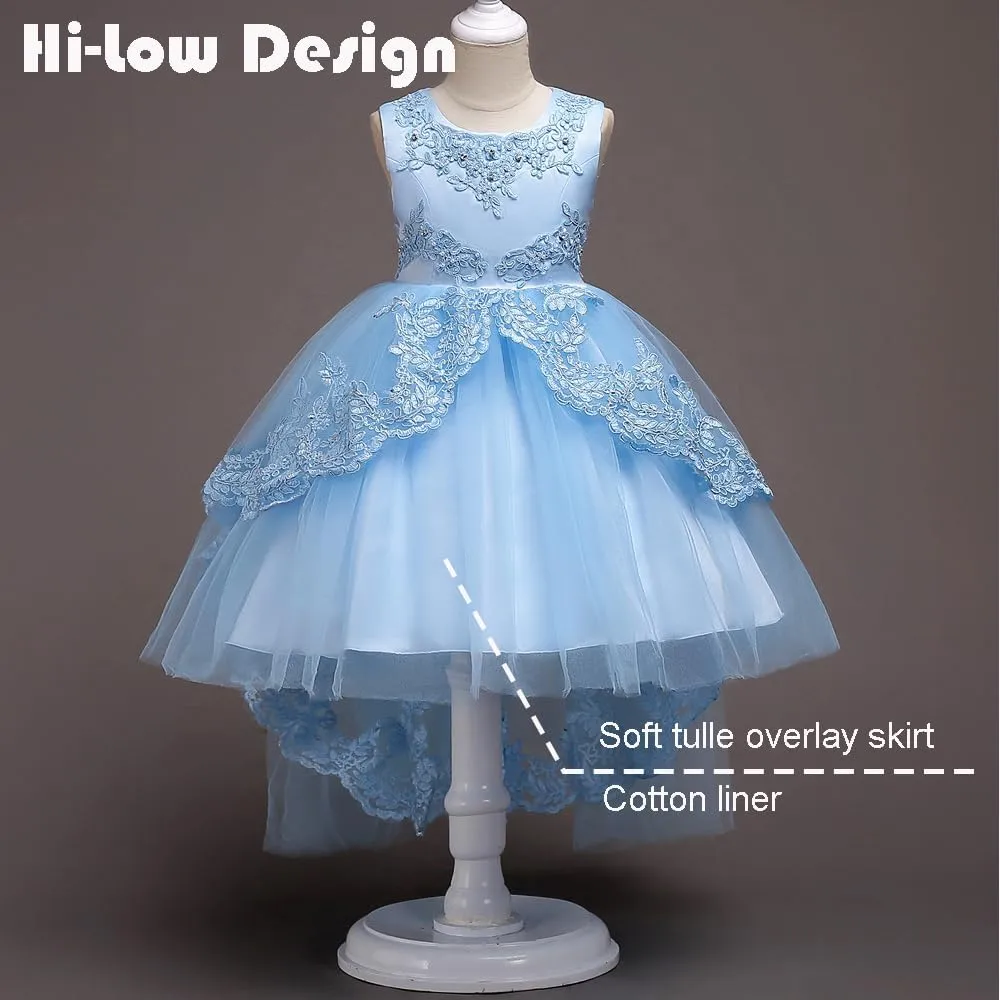 Girl Dress Embroidery Birthday Sleeveless Wedding Trail Puffy Tulle Layer Skirt Hem