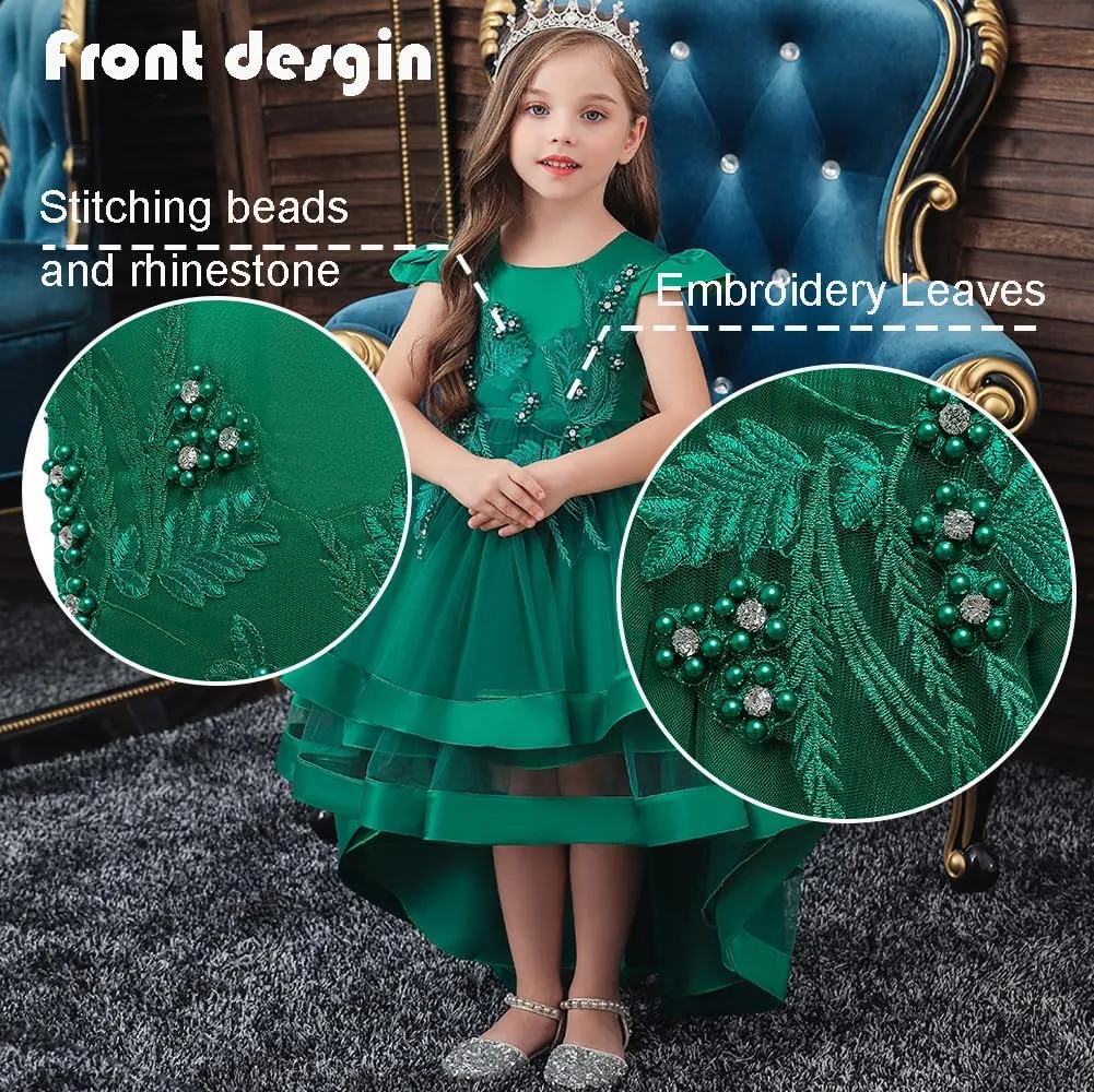 Girl Dress Embroidery Birthday Sleeveless Wedding Trail Puffy Tulle Layer Skirt Hem