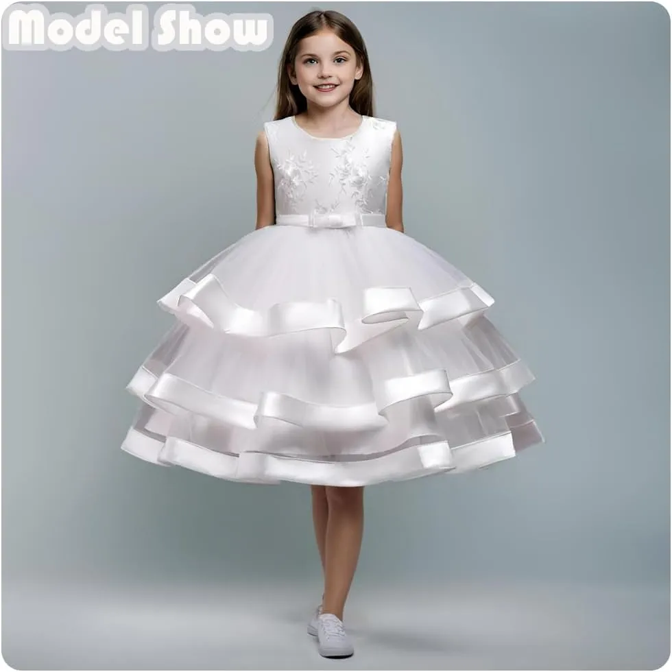 Girl Dress Embroidery Birthday Sleeveless Wedding Trail Puffy Tulle Layer Skirt Hem