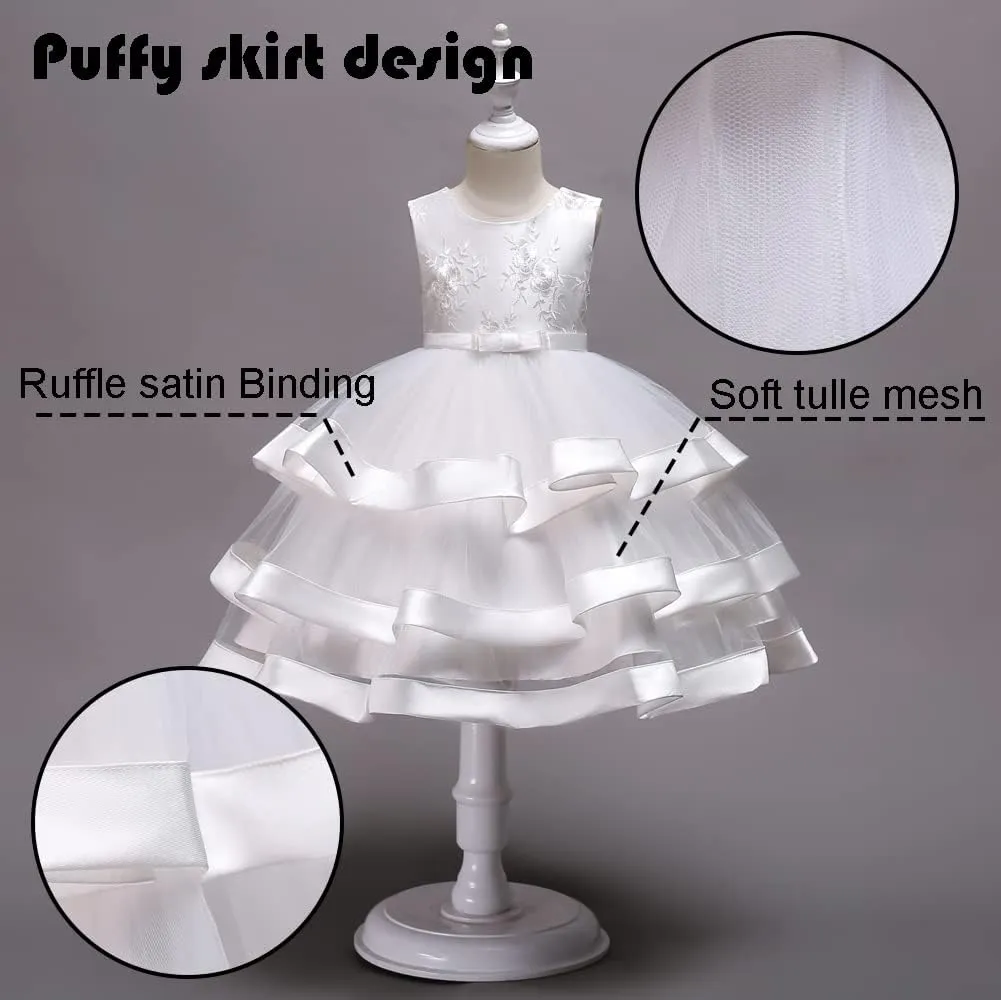 Girl Dress Embroidery Birthday Sleeveless Wedding Trail Puffy Tulle Layer Skirt Hem