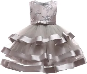 Girl Dress Embroidery Birthday Sleeveless Wedding Trail Puffy Tulle Layer Skirt Hem