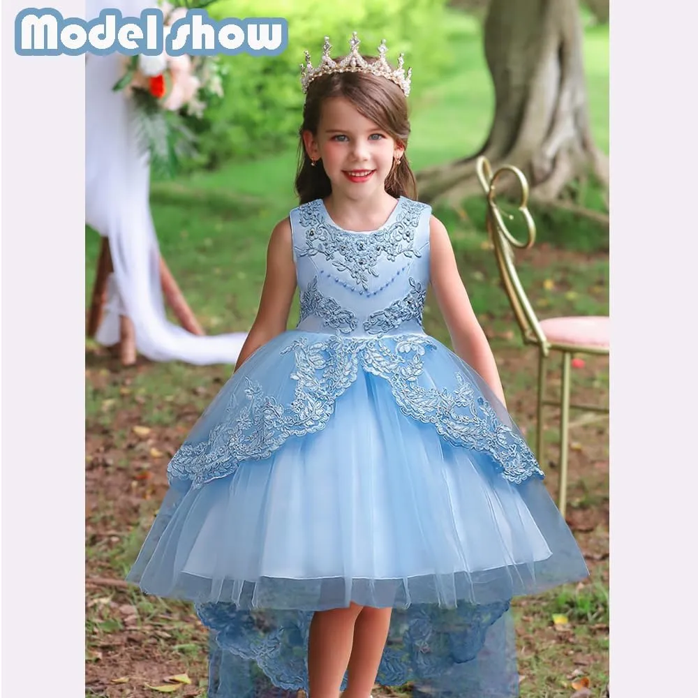 Girl Dress Embroidery Birthday Sleeveless Wedding Trail Puffy Tulle Layer Skirt Hem
