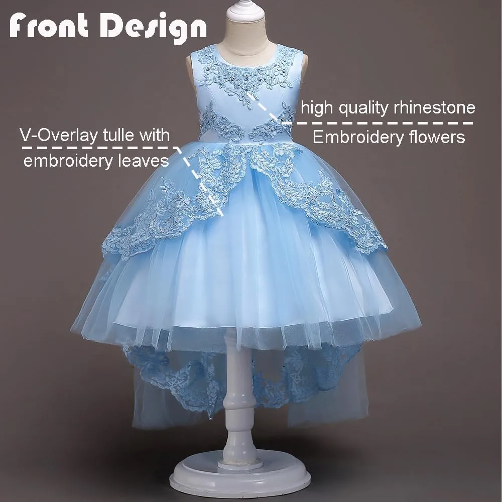 Girl Dress Embroidery Birthday Sleeveless Wedding Trail Puffy Tulle Layer Skirt Hem