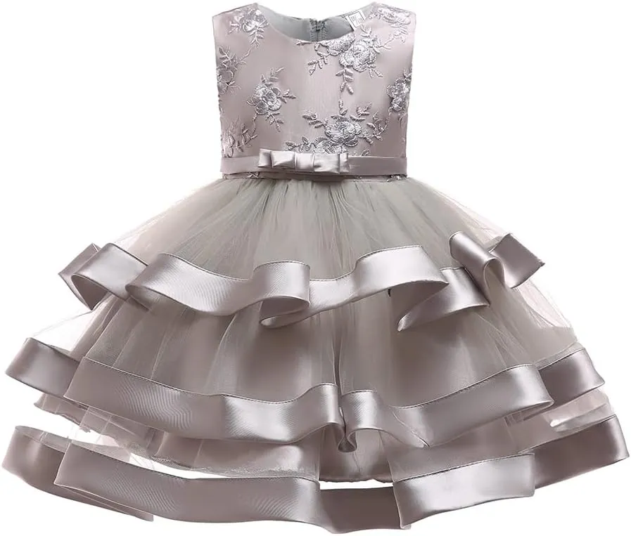 Girl Dress Embroidery Birthday Sleeveless Wedding Trail Puffy Tulle Layer Skirt Hem