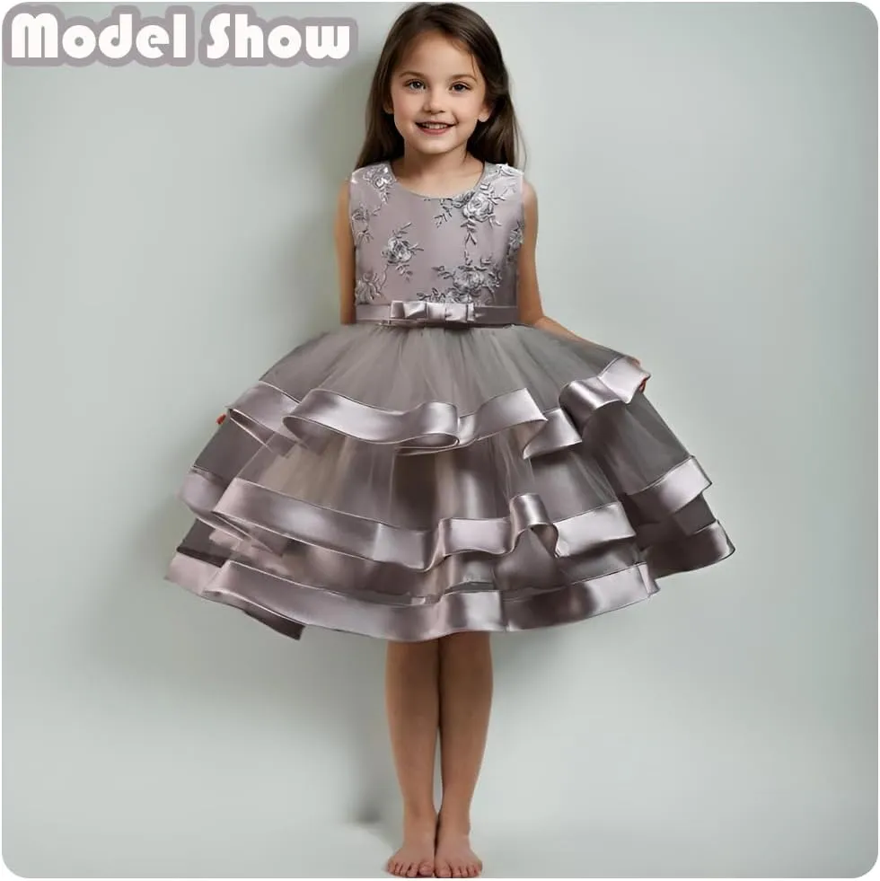 Girl Dress Embroidery Birthday Sleeveless Wedding Trail Puffy Tulle Layer Skirt Hem