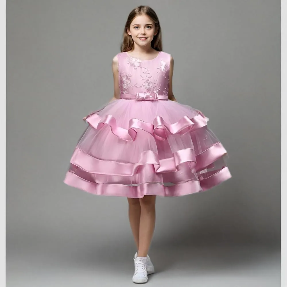 Girl Dress Embroidery Birthday Sleeveless Wedding Trail Puffy Tulle Layer Skirt Hem