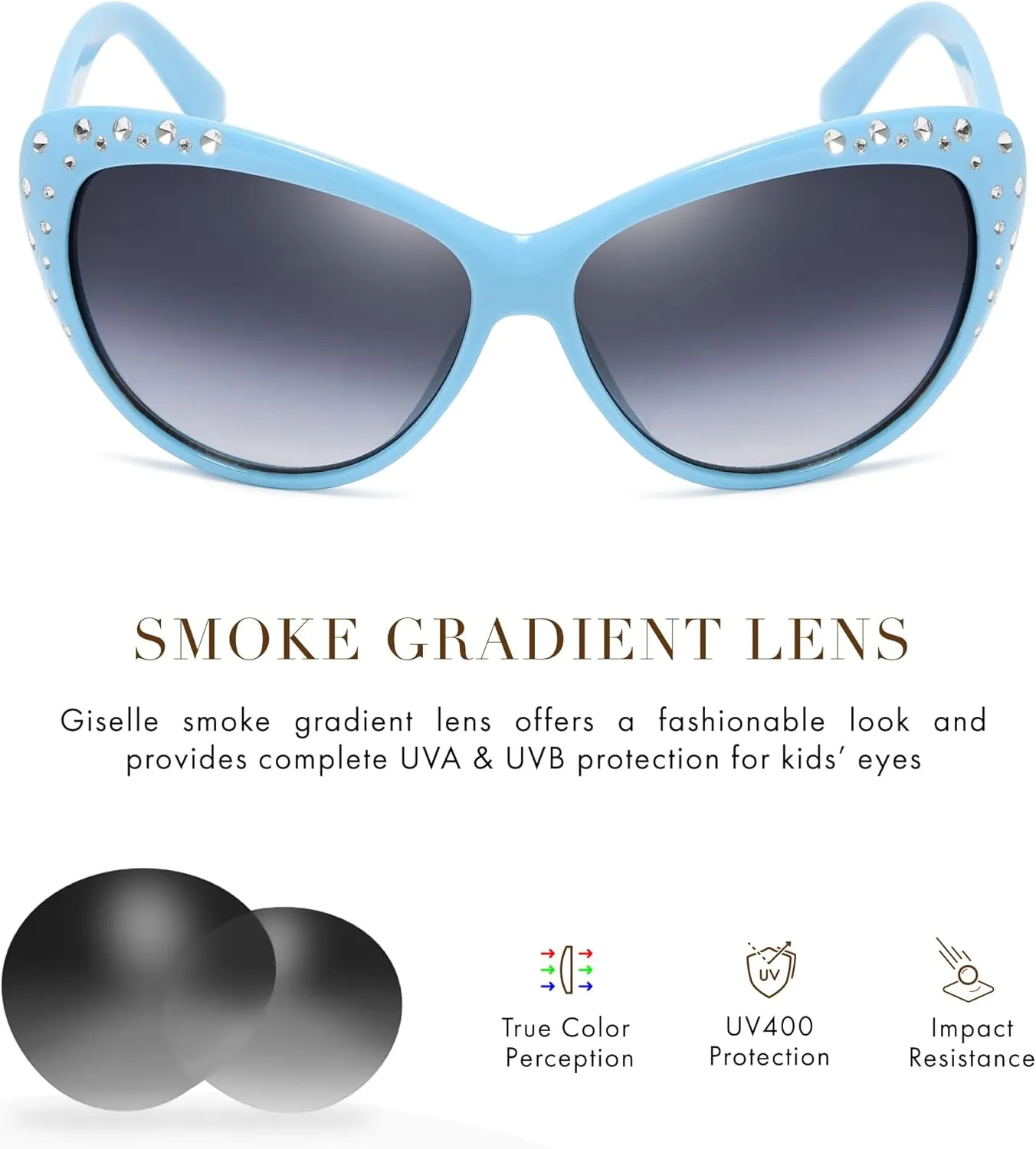 Giselle Cute Kids Retro Cat Eye Rhinestone Sunglasses for Teen Girls and Children Age 6-14