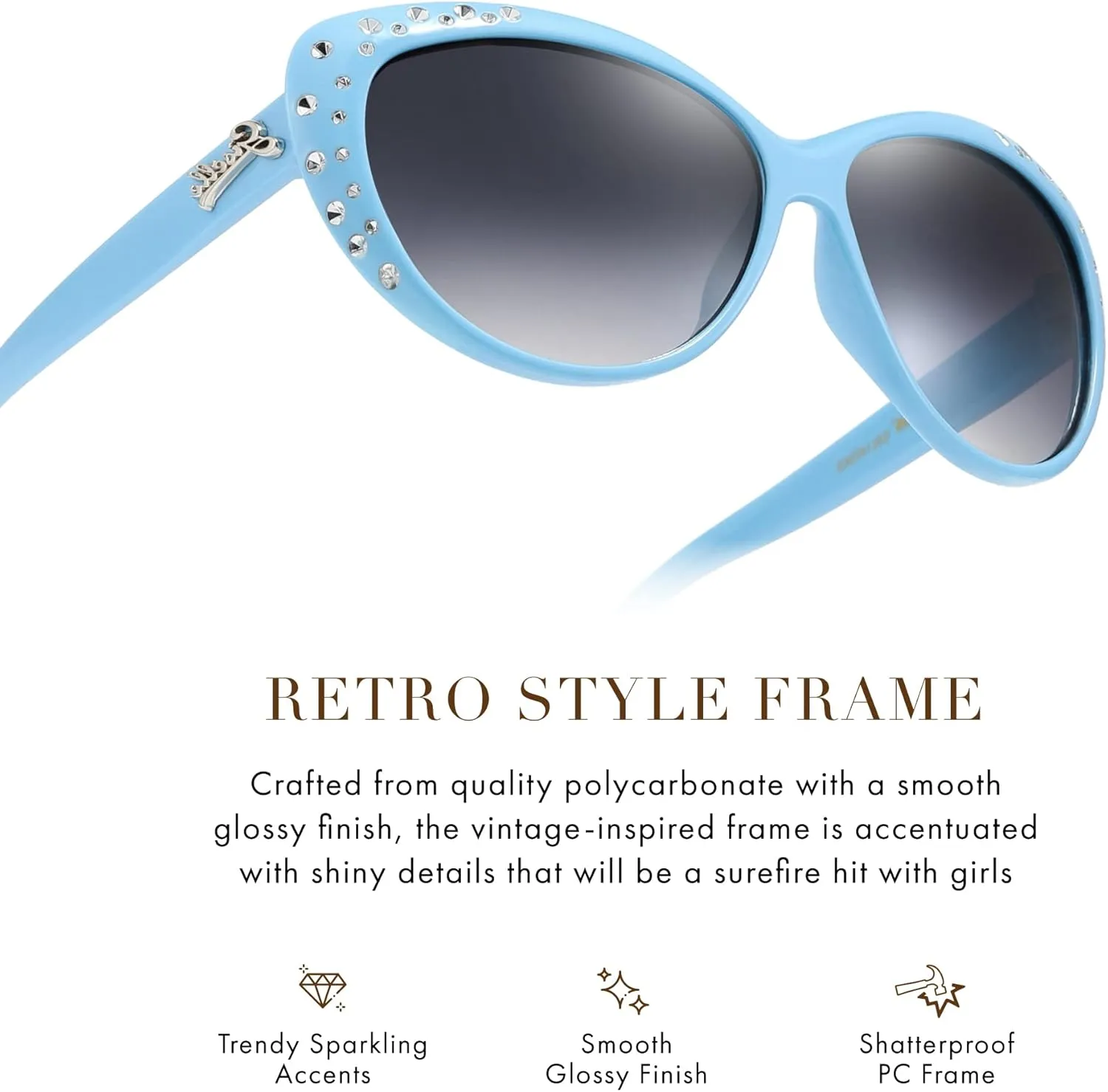 Giselle Cute Kids Retro Cat Eye Rhinestone Sunglasses for Teen Girls and Children Age 6-14