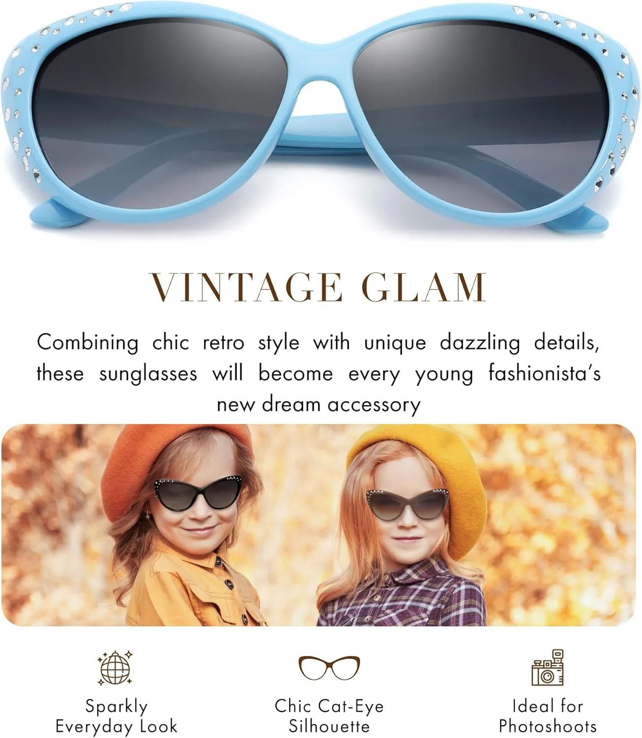 Giselle Cute Kids Retro Cat Eye Rhinestone Sunglasses for Teen Girls and Children Age 6-14