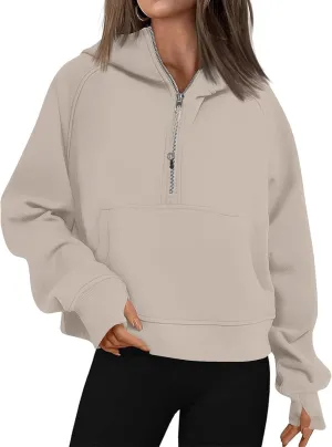 Half Zip Pullover Women Fleece Zip Up Hoodies Fall Oversized Sweatshirt Trendy Y2k Cropped Sweater with Thumb Hole