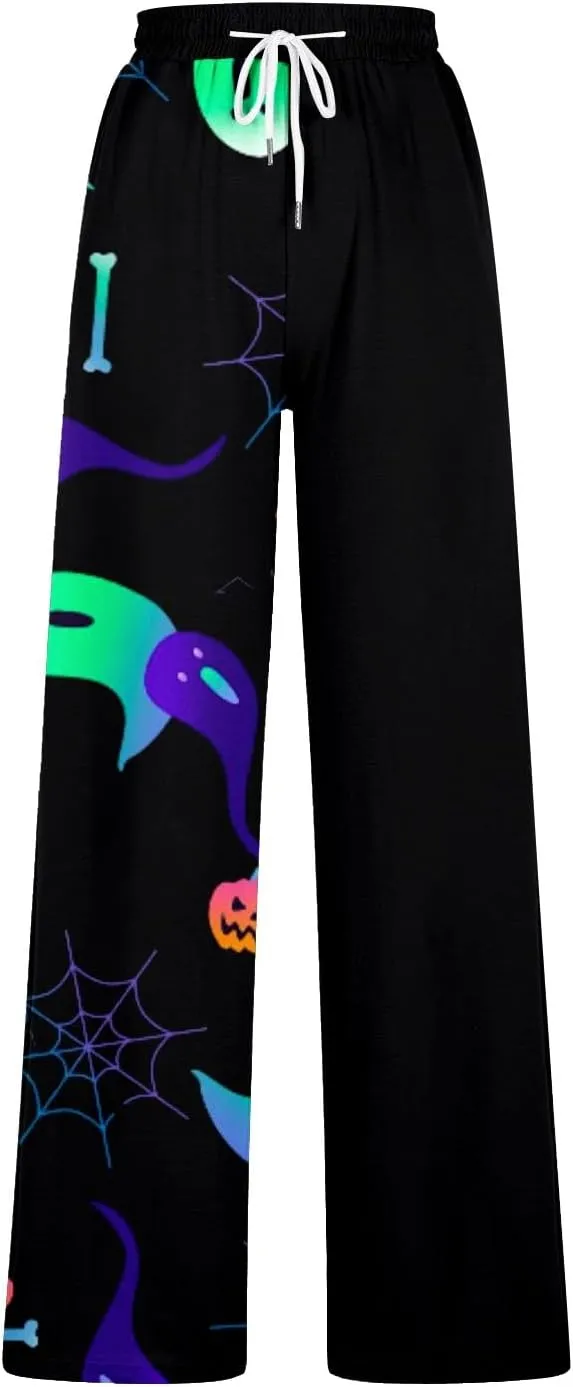 Halloween Sweatpants Woman Pumpkin Print Wide Leg Joggers Elastic High Waist Pants with Pockets Straight Leg Comfy