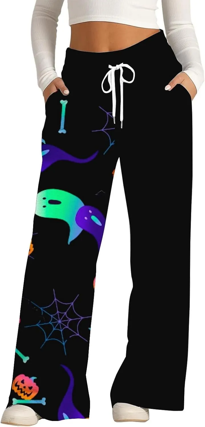 Halloween Sweatpants Woman Pumpkin Print Wide Leg Joggers Elastic High Waist Pants with Pockets Straight Leg Comfy