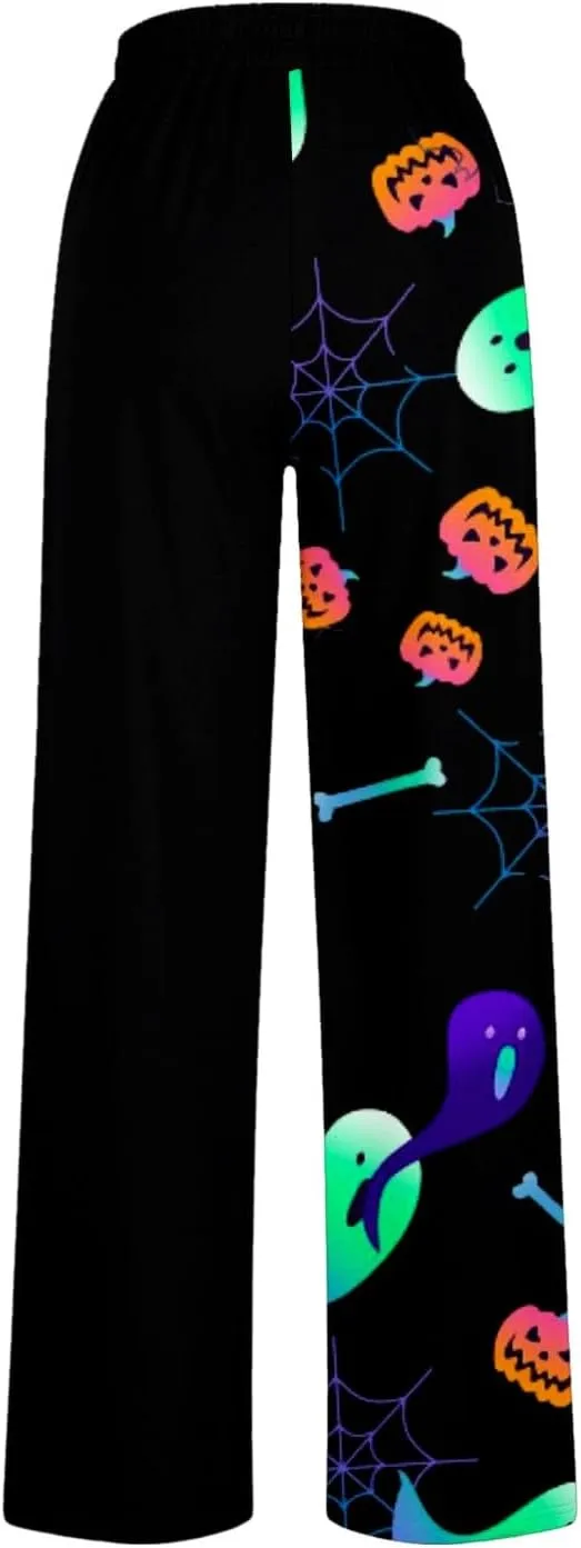 Halloween Sweatpants Woman Pumpkin Print Wide Leg Joggers Elastic High Waist Pants with Pockets Straight Leg Comfy