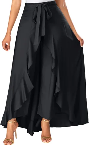 HGps8w Women's Irregular Ruffle Pants, High Waist Bow Tie Casual Maxi Long Palazzo Overlay Culottes Skirts Trousers
