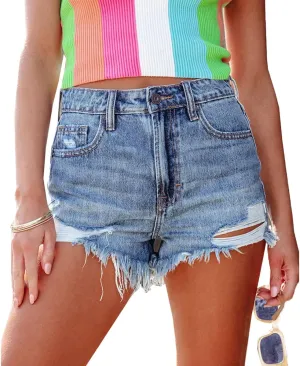 High Waist Denim Shorts Casual Ripped Summer Hot Short Jeans Frayed Distressed Jeans Shorts with Pockets