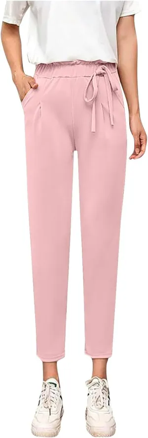 High Waist Pencil Pants for Womens Dressy Bow Knot Cotton Pants Straight Leg Business Work Trousers with Pockets