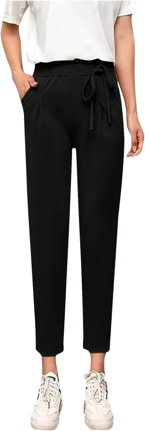 High Waist Pencil Pants for Womens Dressy Bow Knot Cotton Pants Straight Leg Business Work Trousers with Pockets