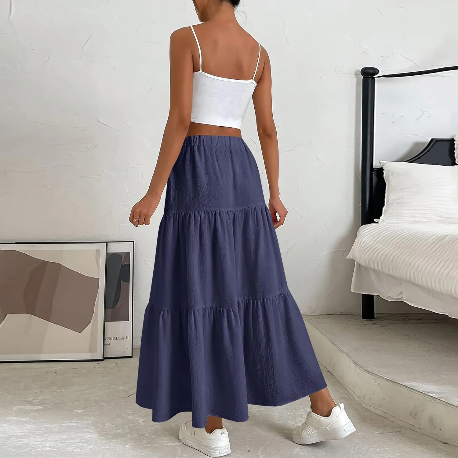High Waisted Maxi Skirt for Women Summer Tiered Elastic Elegant Skirts Ruffle A Line Skirt Swing Long Skirts (S-2Xl)