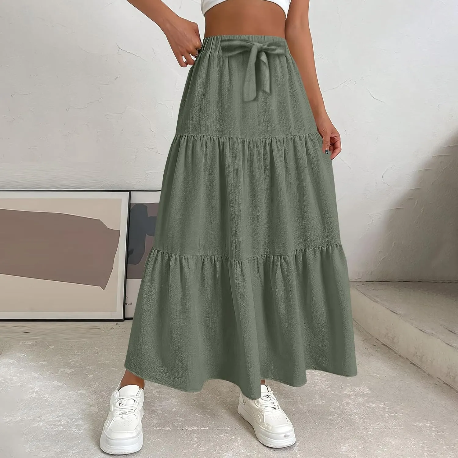 High Waisted Maxi Skirt for Women Summer Tiered Elastic Elegant Skirts Ruffle A Line Skirt Swing Long Skirts (S-2Xl)