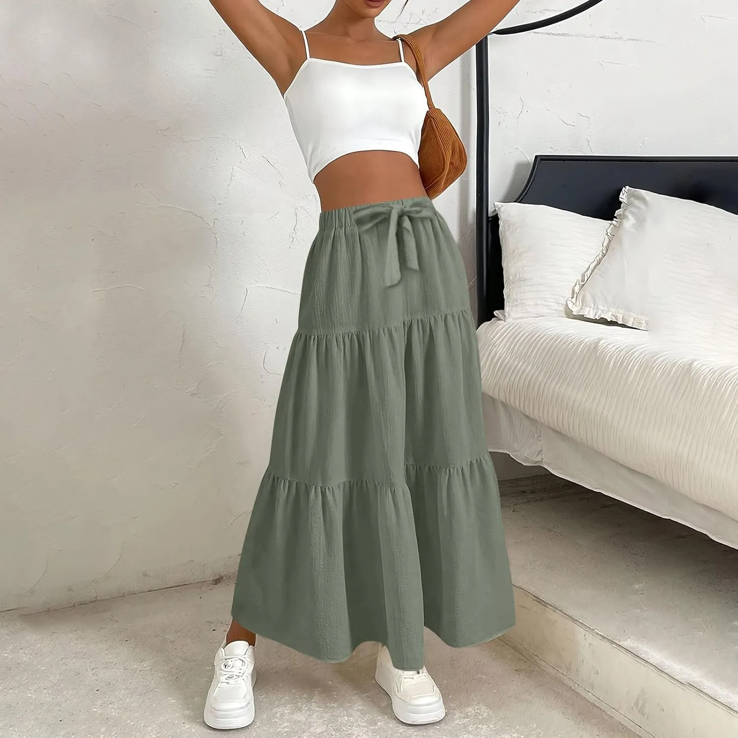 High Waisted Maxi Skirt for Women Summer Tiered Elastic Elegant Skirts Ruffle A Line Skirt Swing Long Skirts (S-2Xl)