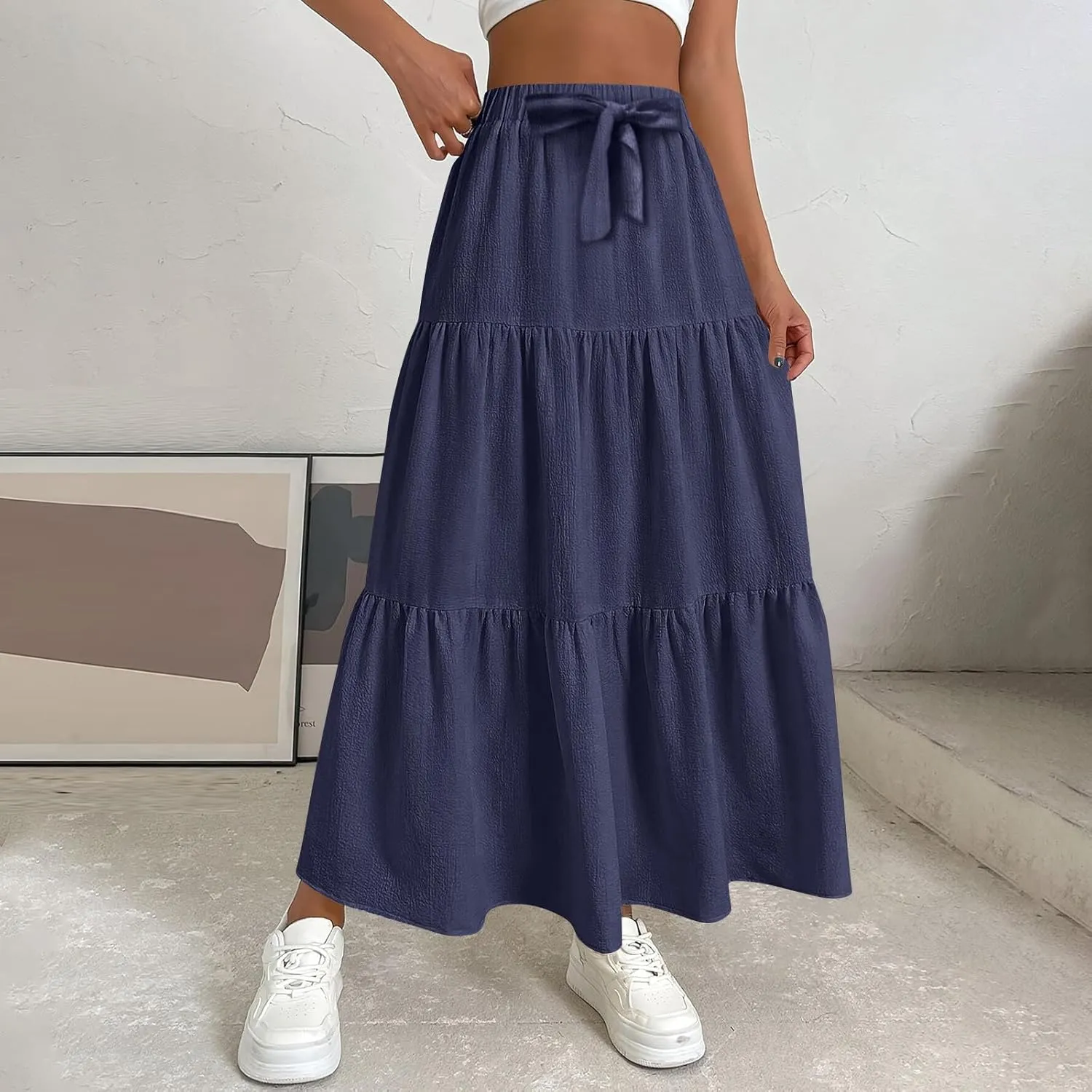 High Waisted Maxi Skirt for Women Summer Tiered Elastic Elegant Skirts Ruffle A Line Skirt Swing Long Skirts (S-2Xl)
