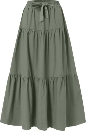 High Waisted Maxi Skirt for Women Summer Tiered Elastic Elegant Skirts Ruffle A Line Skirt Swing Long Skirts (S-2Xl)