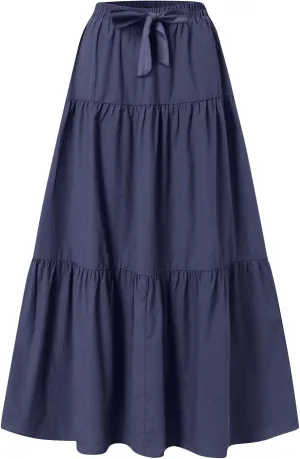 High Waisted Maxi Skirt for Women Summer Tiered Elastic Elegant Skirts Ruffle A Line Skirt Swing Long Skirts (S-2Xl)
