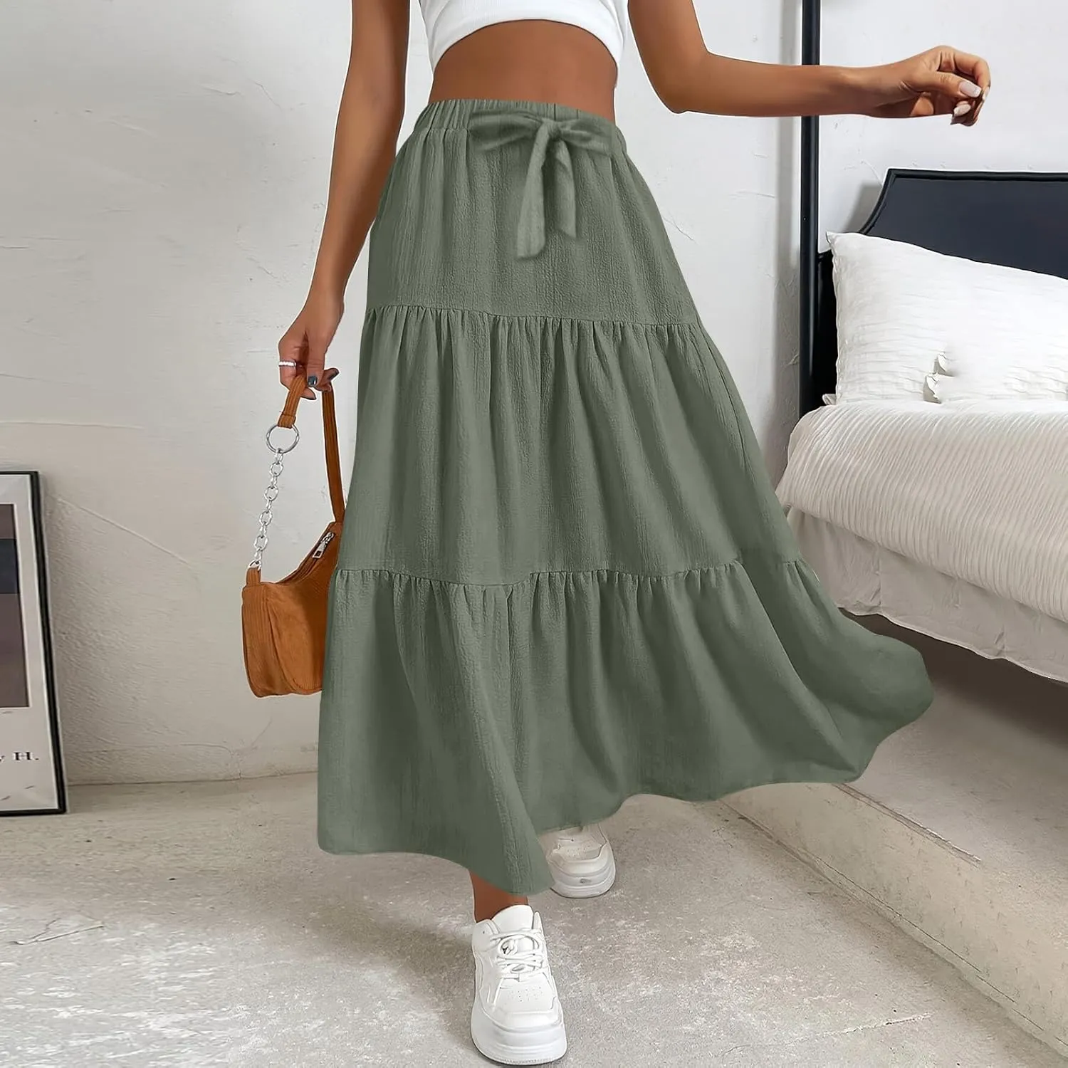 High Waisted Maxi Skirt for Women Summer Tiered Elastic Elegant Skirts Ruffle A Line Skirt Swing Long Skirts (S-2Xl)