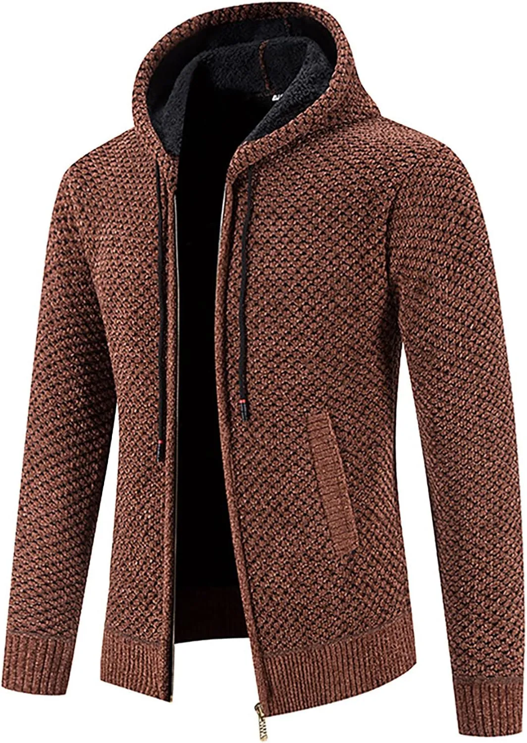 Hoodie For Men Big And Tall Hooded Plush Plaid Knitting Drawstring Coat Sweater Warm Solid Color Jackets Tops