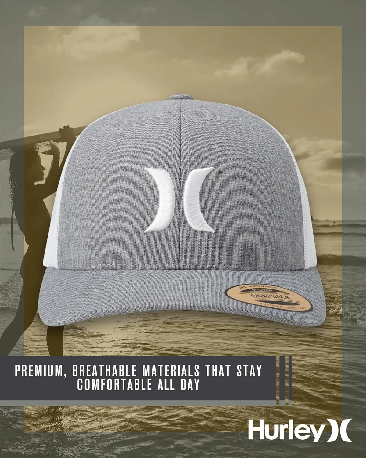 Hurley Men's Caps - Del Mar Mesh Panel Baseball Cap Trucker Hat - Snap Back Hats for Men