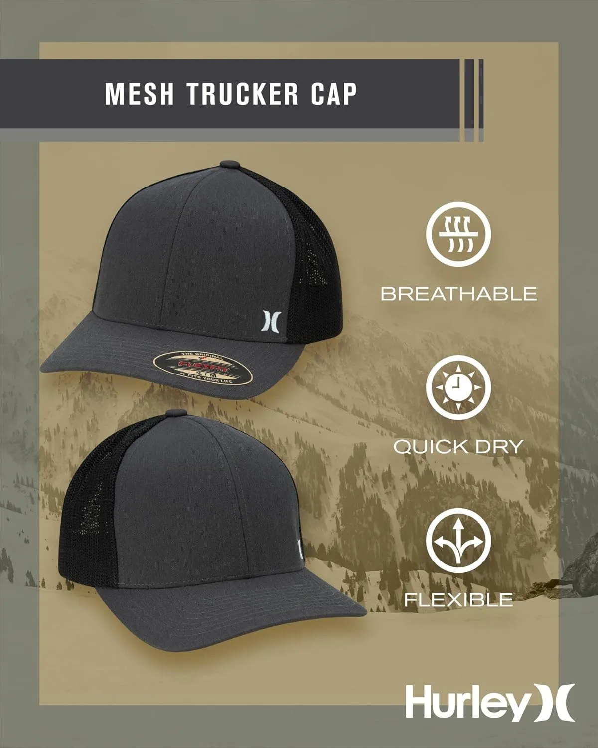Hurley Men's Caps - Mini Icon Mesh Panel Baseball Cap - Fitted Hats for Men