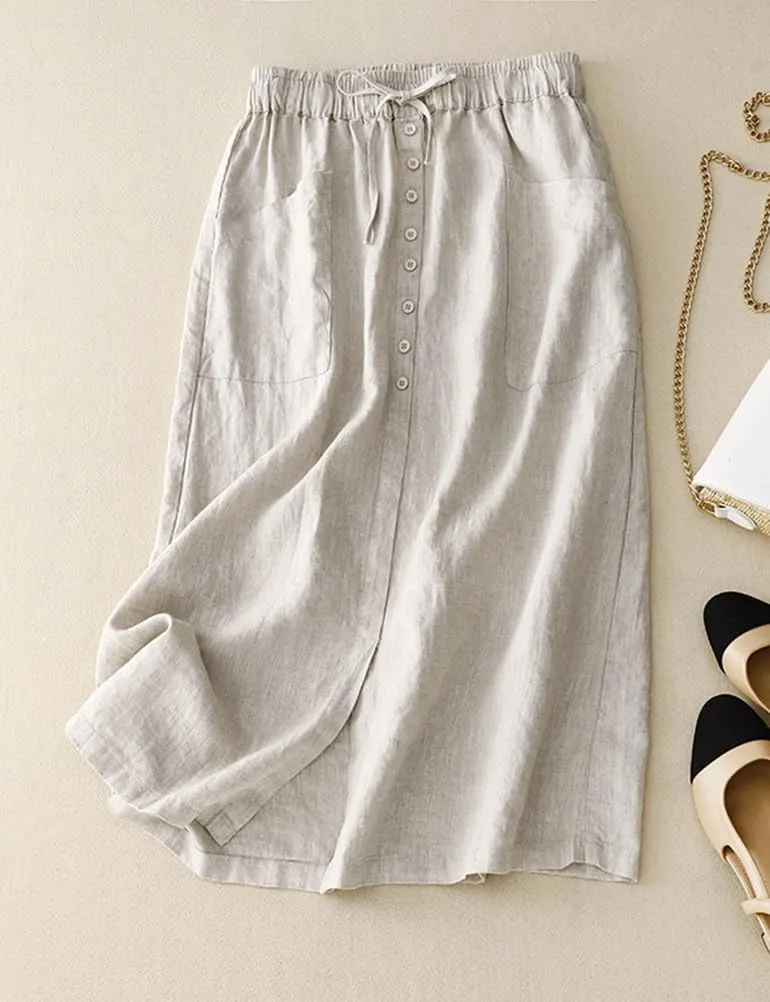 IDEALSANXUN Linen Skirts for Women Summer A Line Flowy Casual Drawstring High Waist Button Down Midi Skirts with Slit