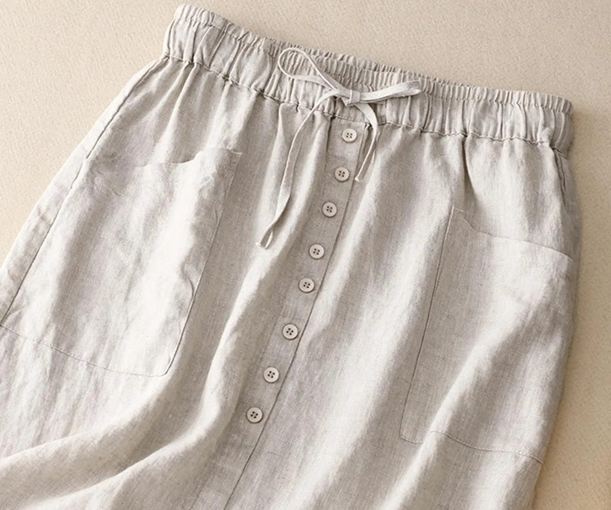 IDEALSANXUN Linen Skirts for Women Summer A Line Flowy Casual Drawstring High Waist Button Down Midi Skirts with Slit