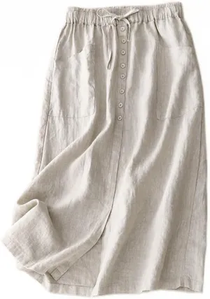 IDEALSANXUN Linen Skirts for Women Summer A Line Flowy Casual Drawstring High Waist Button Down Midi Skirts with Slit