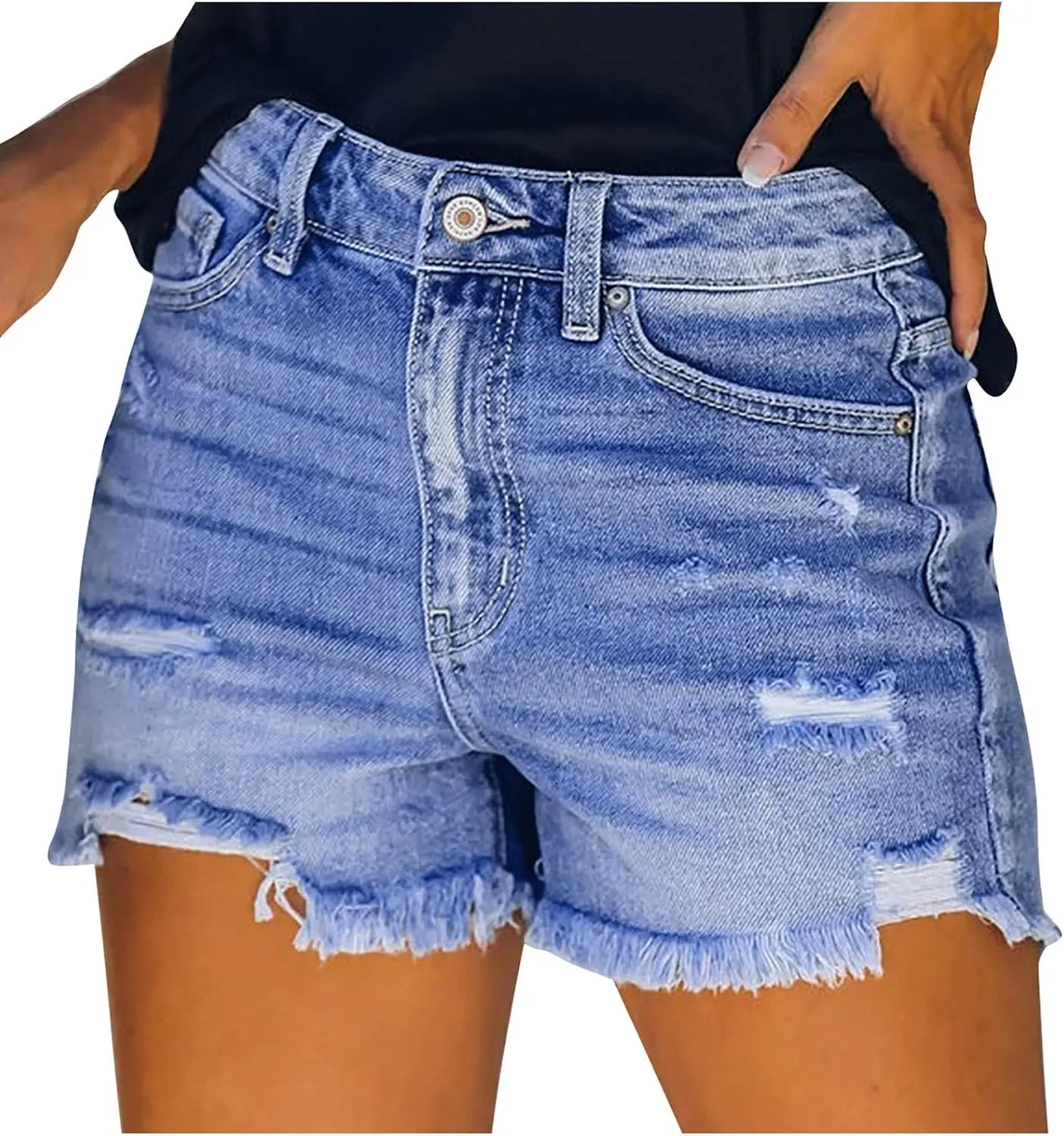 Jean Shorts Women Mid Rise Ripped Jean Shorts Stretchy Retro Denim Shorts Folded Hem Hot Short