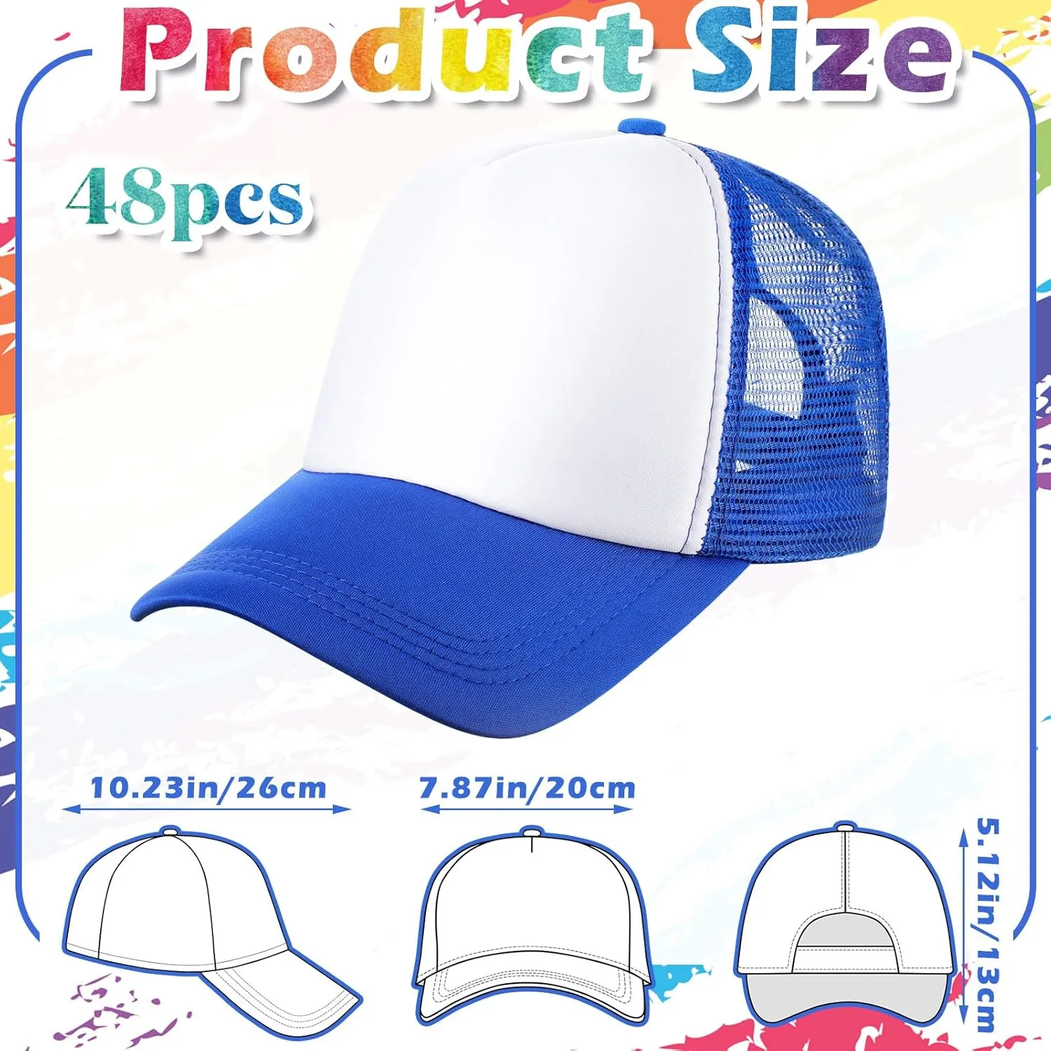 Jeyiour 48 Pack Trucker Hat Bulk Polyester Adjustable Plain Mesh Sublimation Blank Baseball Cap for Women Men Kids