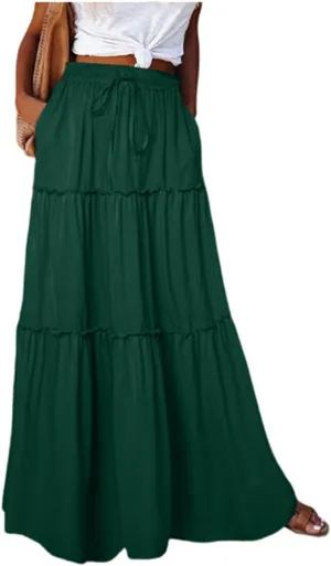 JJHAEVDY Women's Summer Boho Maxi Skirt A-Line Flowy Ruffle Tiered Elastic High Waist Beach Pleated Long Skirts with Pockets